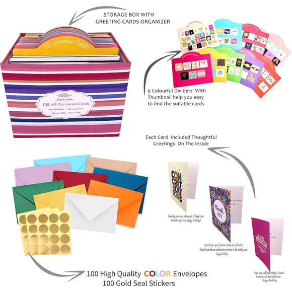 100 All Occasion Cards Assortment Box with Color Envelopes，All Occasion Cards Se - Picture 3 of 6